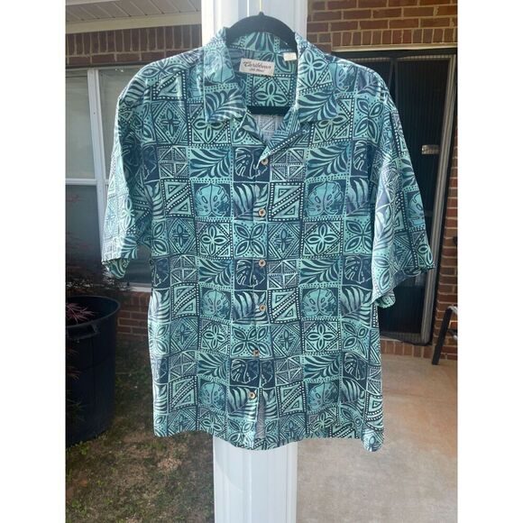 Caribbean Mens Button Up Hawaiian Shirt Size Large Blue Floral Silk Short Sleeve - Picture 1 of 12